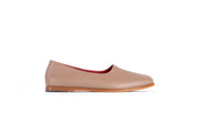 Side view of taupe flat leather shoes