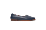 Side view of navy blue leather shoes