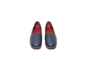 Front view of navy blue leather shoes