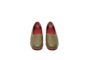 Front view of olive green flat leather shoes
